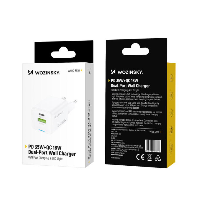 Зарядно за стена Wozinsky WWC-35W GaN USB-A + USB-C - бяло