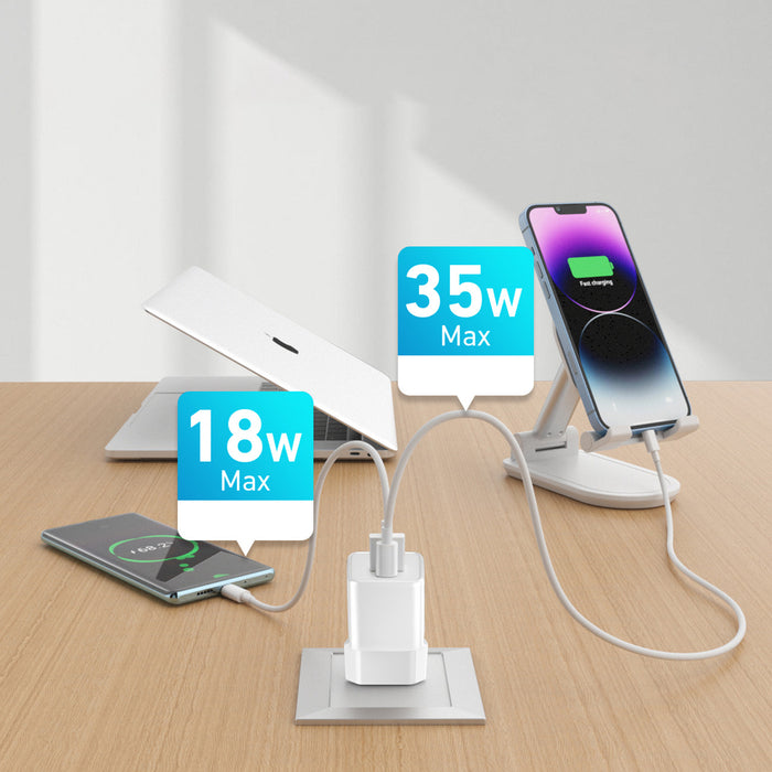 Зарядно за стена Wozinsky WWC-35W GaN USB-A + USB-C - бяло
