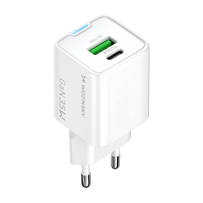 Зарядно за стена Wozinsky WWC-35W GaN USB-A + USB-C - бяло