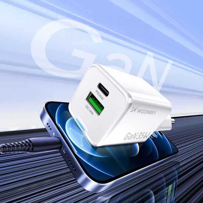 Зарядно за стена Wozinsky WWC-35W GaN USB-A + USB-C - бяло