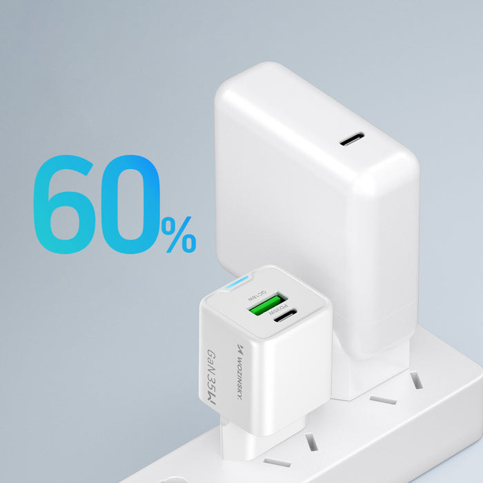 Зарядно за стена Wozinsky WWC-35W GaN USB-A + USB-C - бяло