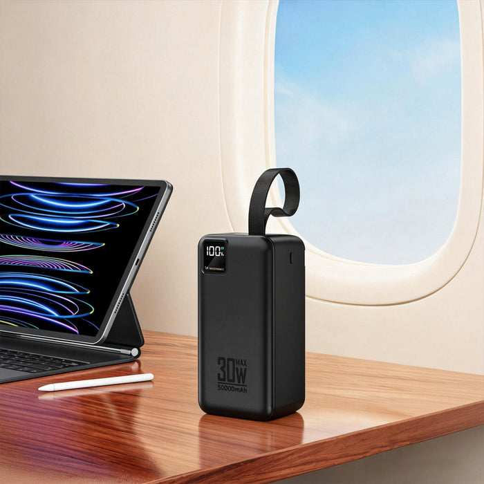 Външна батерия Wozinsky W8-B 50000mAh 30W 2xUSB-A и 2xUSB-C и USB micro с фенерче - черна