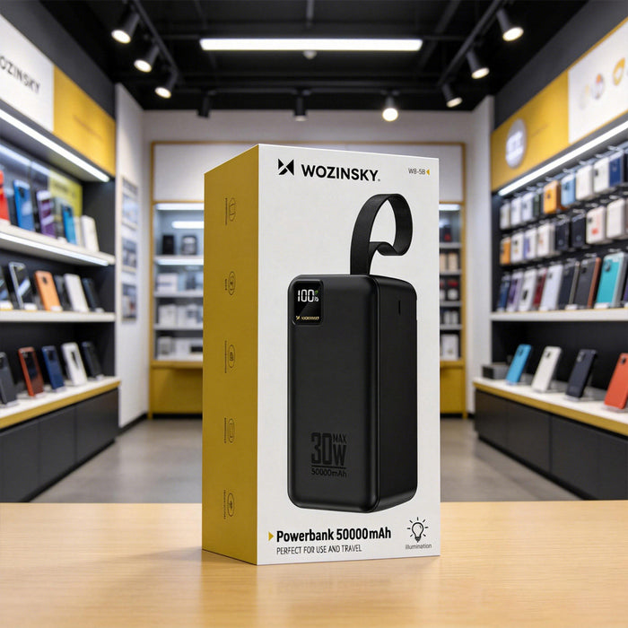 Външна батерия Wozinsky W8-B 50000mAh 30W 2xUSB-A и 2xUSB-C и USB micro с фенерче - черна