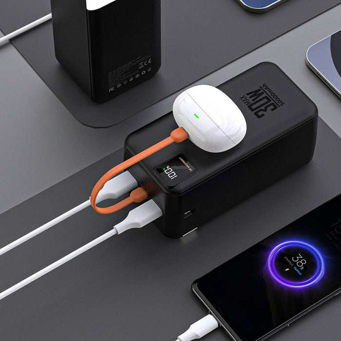 Външна батерия Wozinsky W8-B 50000mAh 30W 2xUSB-A и 2xUSB-C и USB micro с фенерче - черна