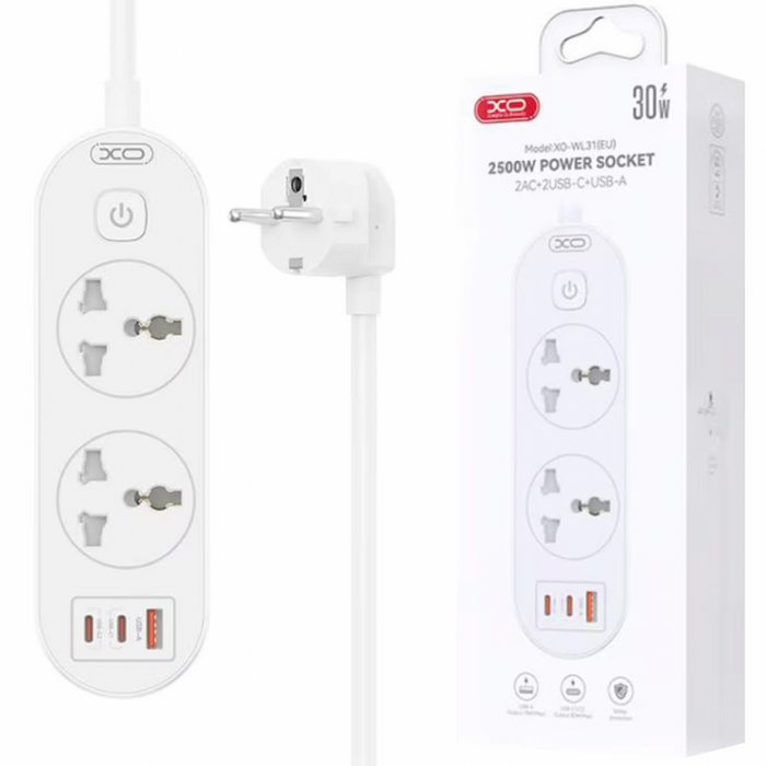 Разклонител XO WL31 30W за ЕС, 2 гнезда, 2 Type-C и USB порта, 2500W, 1.5M кабел