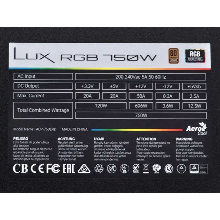 Захранващ блок Aerocool Lux RGB 750W Черен
