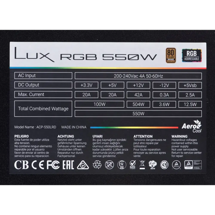 Захранване Aerocool Lux RGB 550M 550 W Черен