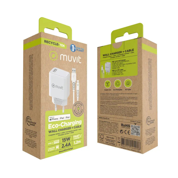 Зарядно за стена + Кабел USB A към USB-C Muvit for Change
