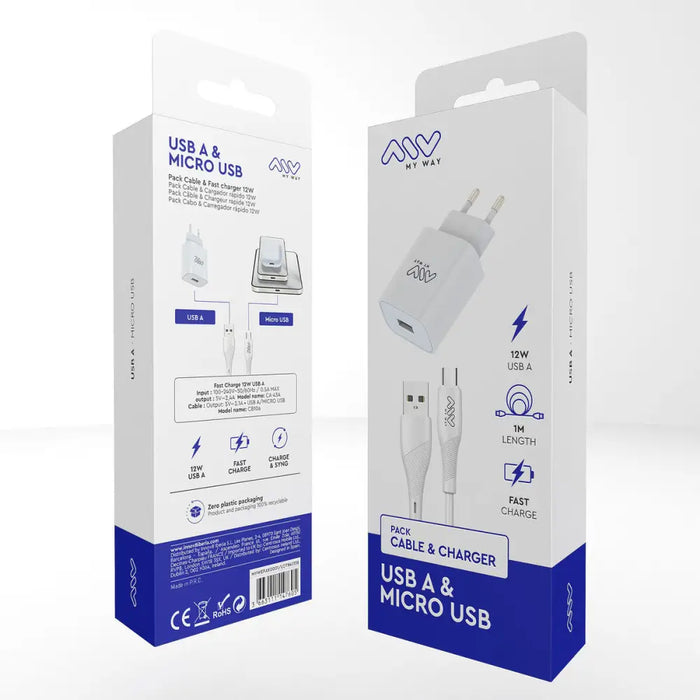 Зарядно за стена + Кабел USB A към USB-C Myway Бял 12 W