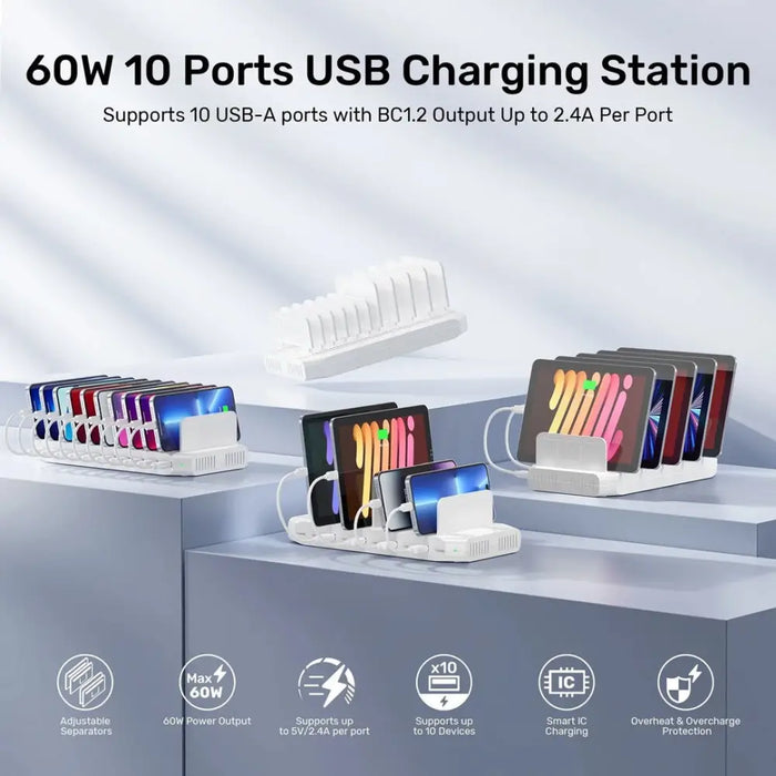 ЗАРЯДНА СТАНЦИЯ UNITEK 10X USB 2.4A 60W БЯЛА