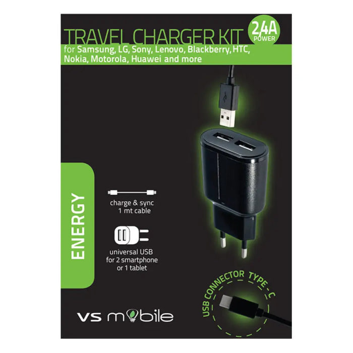 ЗАРЯДНО ОТ ЕЛ. МРЕЖА VSMOBILE 220V 2.4A 2xUSB-A + 1m TYPE-C