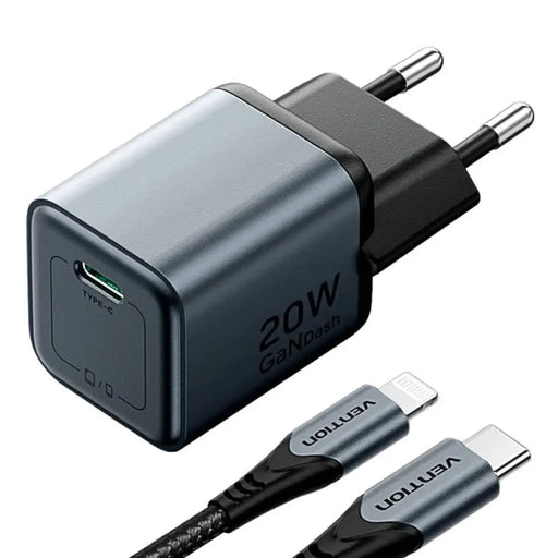 Зарядно с кабел Vention USB-C 20W GaN USB-C-L 1m сиво