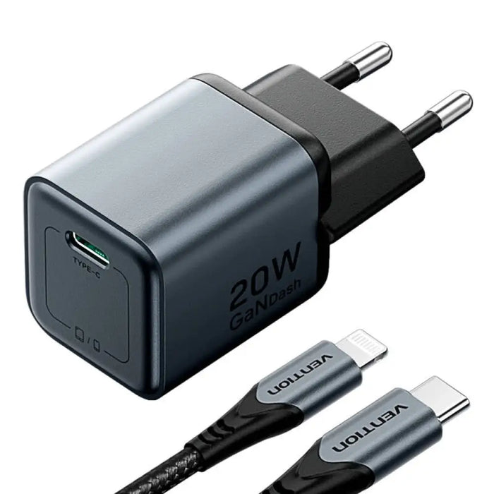 Зарядно с кабел Vention USB-C 20W GaN USB-C-L 1m сиво