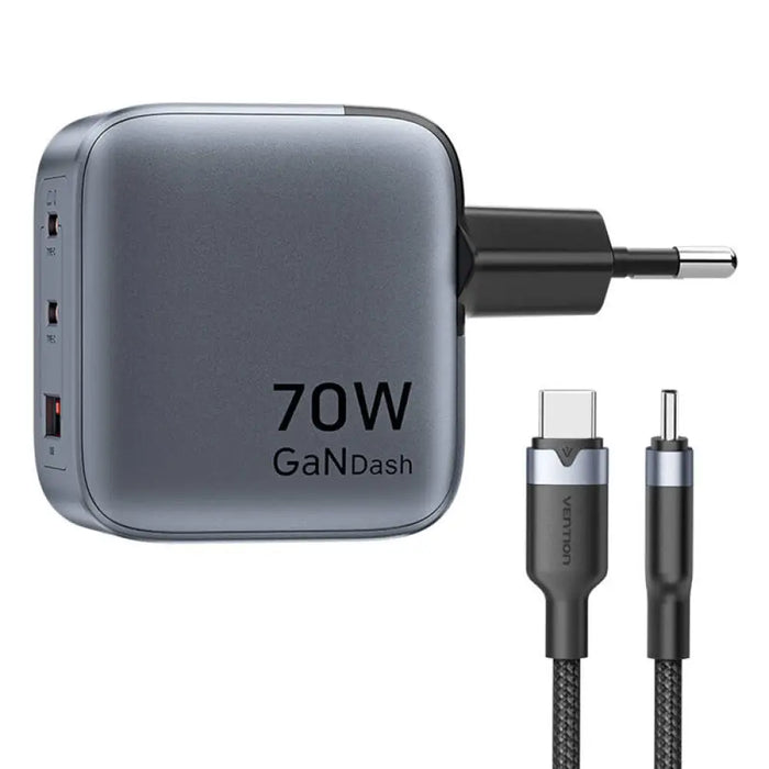 Зарядно с кабел Vention USB-C + C + A 70W GaN USB-C-C 1m