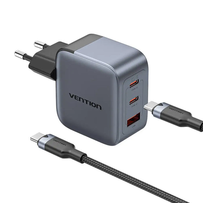 Зарядно с кабел Vention USB-C + C + A 70W GaN USB-C-C 1m