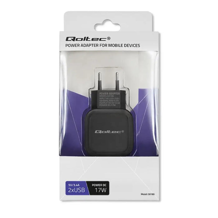 Зарядно устройство Qoltec 50186 17W | 5V | 3.4A | 2xUSB