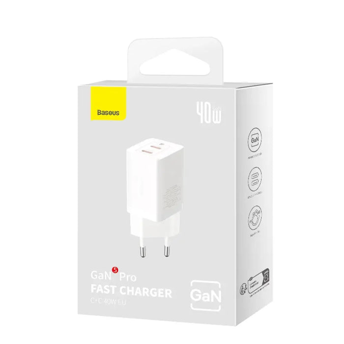 Зарядно за стена Baseus GaN5 Pro 40W 2xUSB-C - бяло