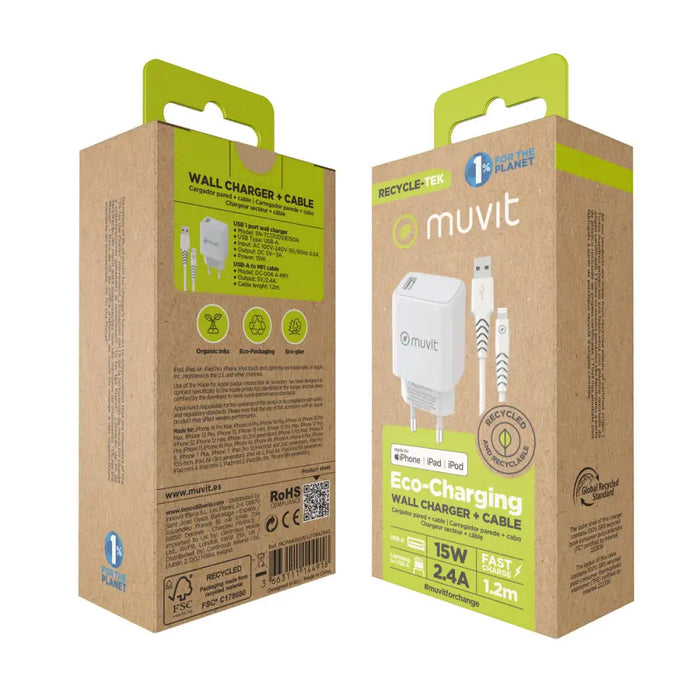 Зарядно за стена + Кабел USB A към USB-C Muvit for Change