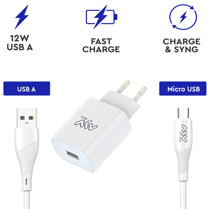 Зарядно за стена + Кабел USB A към USB-C Myway Бял 12 W