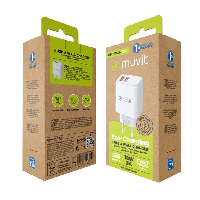 Зарядно за стена Muvit for Change Бял 18 W