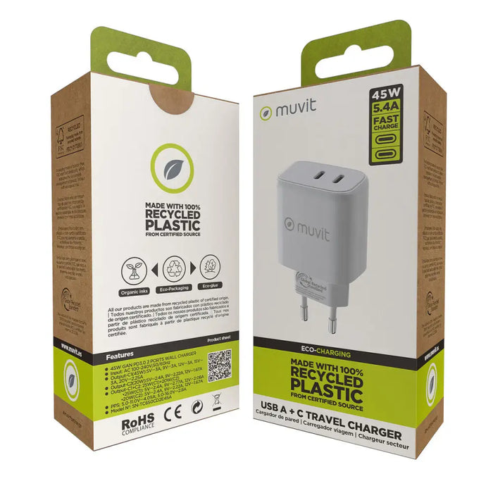 Зарядно за стена Muvit for Change HC-175 Бял 20 W 45 W