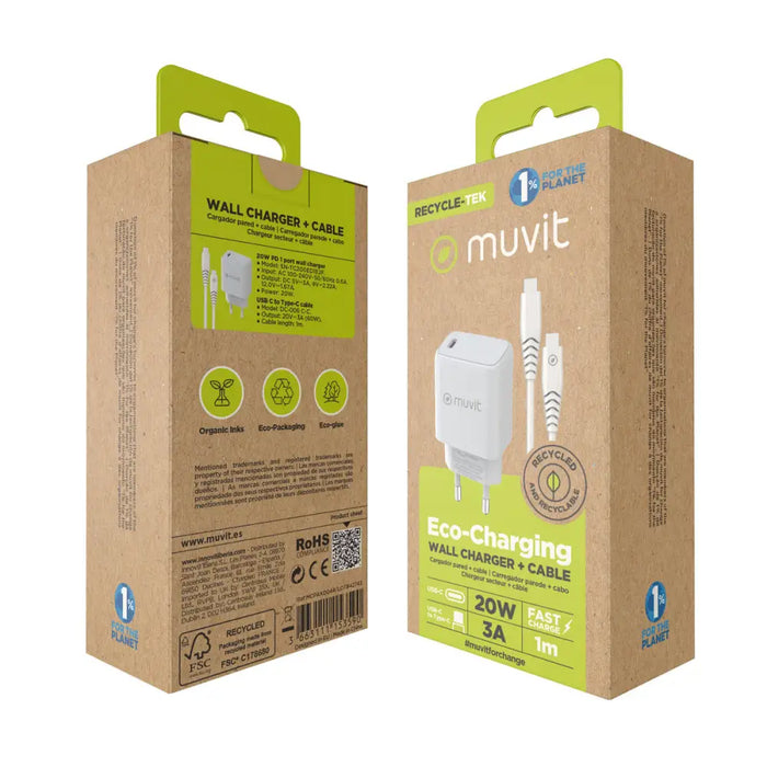 Зарядно за стена + USB-C кабел Muvit for Change Бял