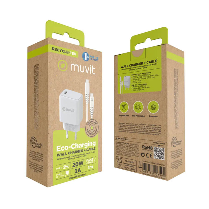 Зарядно за стена + USB-C кабел Muvit for Change Бял
