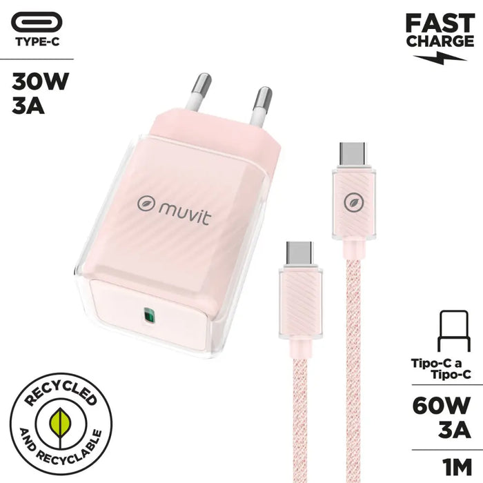 Зарядно за стена + USB-C кабел Muvit for Change Glass GaN