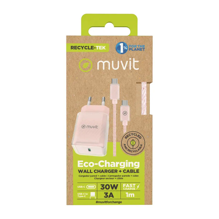 Зарядно за стена + USB-C кабел Muvit for Change Glass GaN
