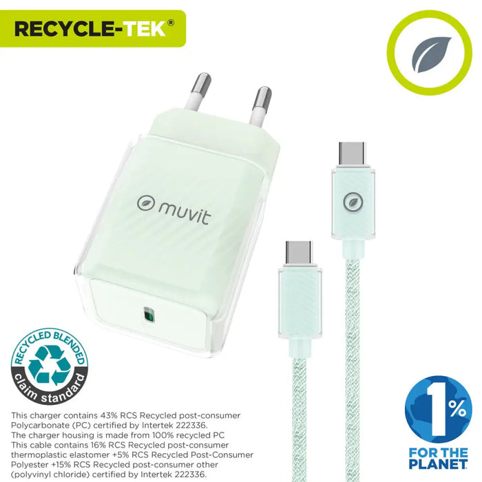 Зарядно за стена + USB-C кабел Muvit for Change Glass GaN
