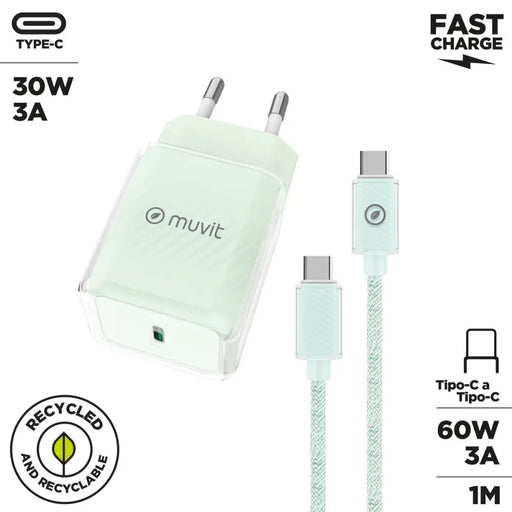 Зарядно за стена + USB-C кабел Muvit for Change Glass GaN