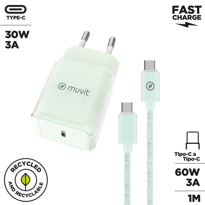 Зарядно за стена + USB-C кабел Muvit for Change Glass GaN