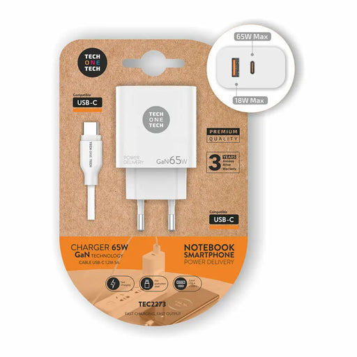 Зарядно за стена + USB-C кабел Tech One Tech TEC2273 Бял 65