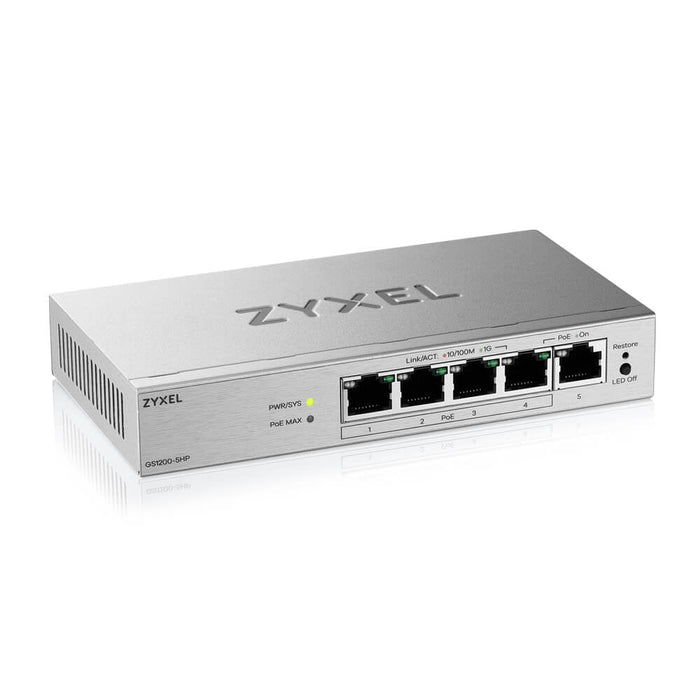 ZyXEL GS1200-5HP v3, 5-портов гигабитов PoE+ настолен комутатор с уеб управление, 4x PoE, 68 вата