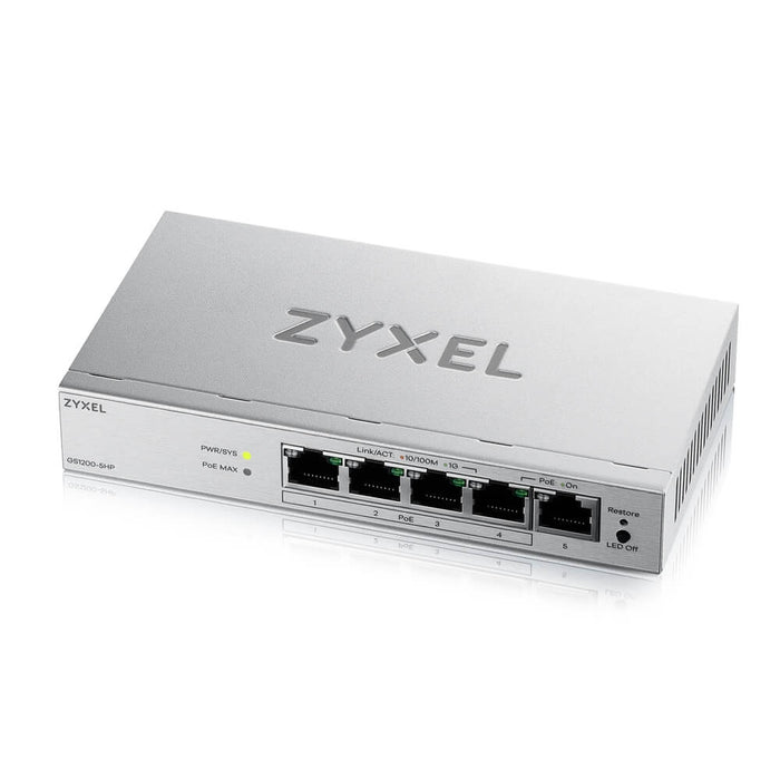 ZyXEL GS1200-5HP v3, 5-портов гигабитов PoE+ настолен комутатор с уеб управление, 4x PoE, 68 вата