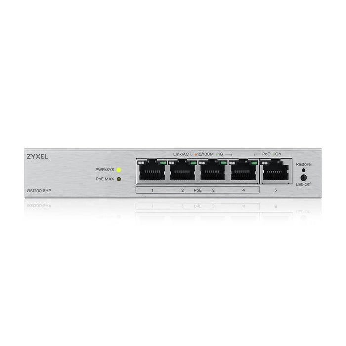 ZyXEL GS1200-5HP v3, 5-портов гигабитов PoE+ настолен комутатор с уеб управление, 4x PoE, 68 вата