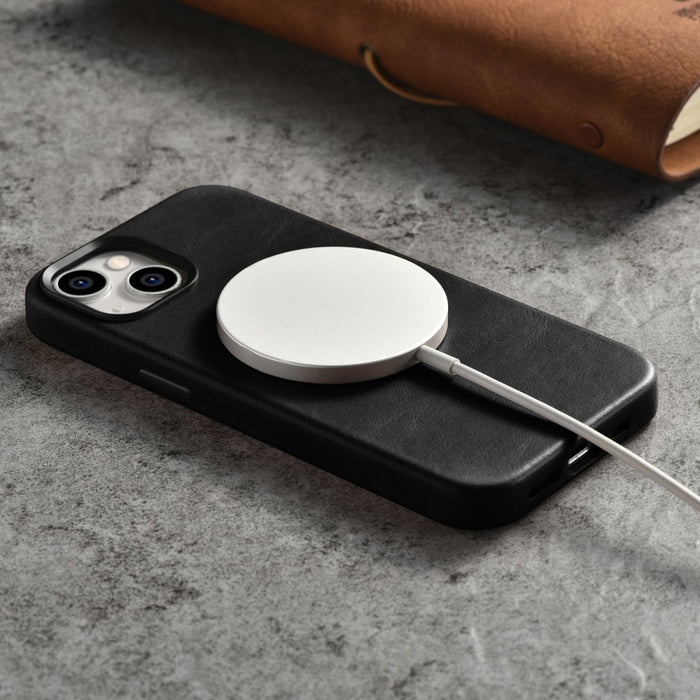Кейс от естествена кожа iCarer Oil Wax Premium за iPhone 14, магнитен, съвместим с MagSafe, Черен (WMI14220701-BK)