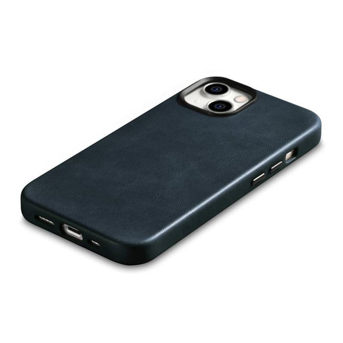 Кейс от естествена кожа iCarer Oil Wax Premium за iPhone 14, магнитен, съвместим с MagSafe, Тъмносин (WMI14220701-BU)