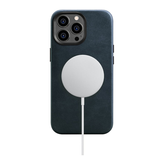Кейс от естествена кожа iCarer Oil Wax Premium за iPhone 14 Pro, магнитен, съвместим с MagSafe, Тъмносин (WMI14220702-BU)