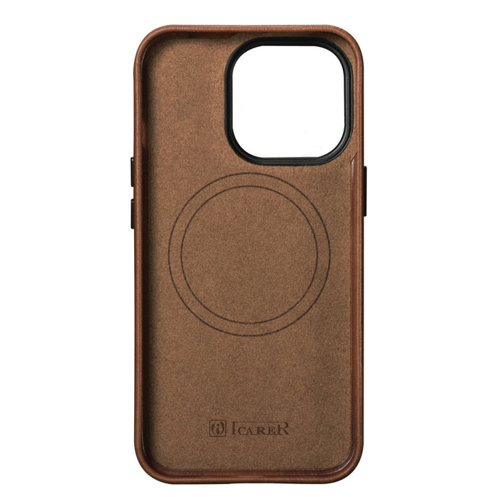 Кейс от естествена кожа iCarer Oil Wax Premium за iPhone 14 Pro Max, магнитен, съвместим с MagSafe, Кафяв (WMI14220704-RB)