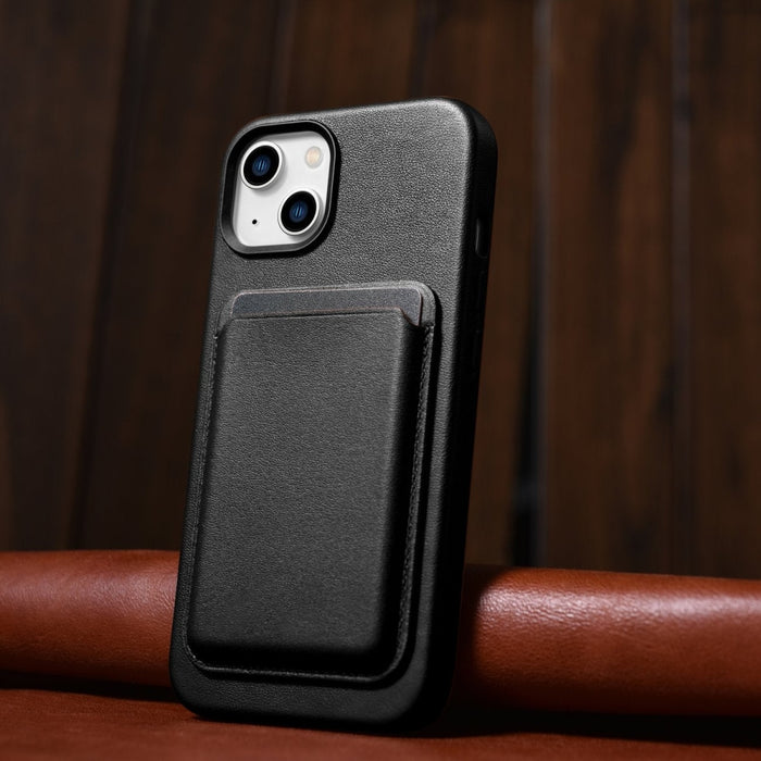 Кейс от естествена кожа iCarer за iPhone 14, черен (WMI14220705-BK) (съвместим с MagSafe)