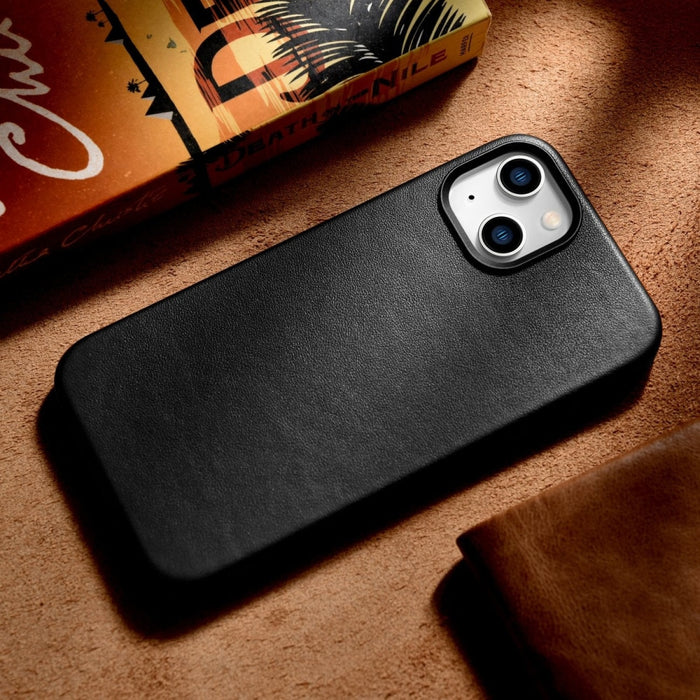 Кейс от естествена кожа iCarer за iPhone 14, черен (WMI14220705-BK) (съвместим с MagSafe)