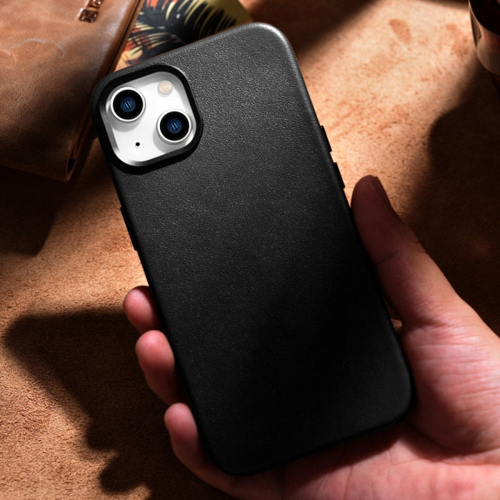 Кейс от естествена кожа iCarer за iPhone 14, черен (WMI14220705-BK) (съвместим с MagSafe)