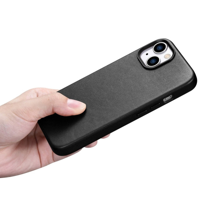 Кейс от естествена кожа iCarer за iPhone 14, черен (WMI14220705-BK) (съвместим с MagSafe)
