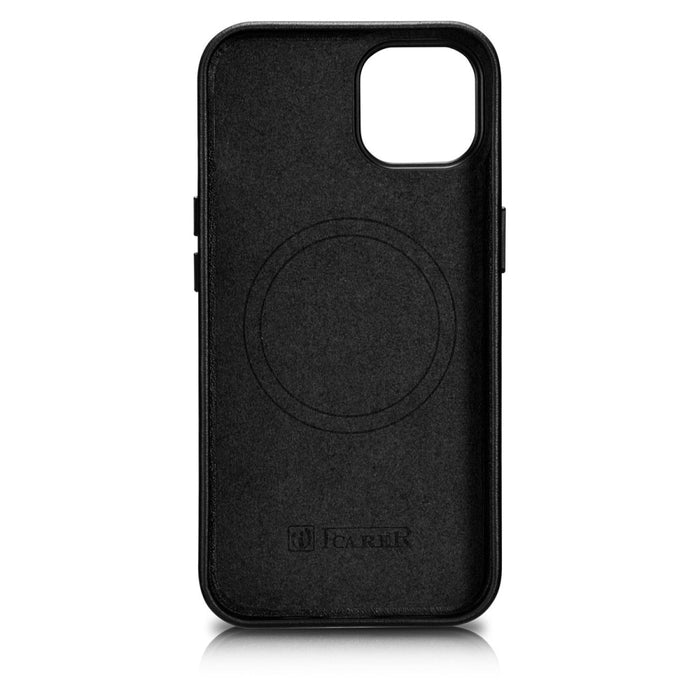 Кейс от естествена кожа iCarer за iPhone 14, черен (WMI14220705-BK) (съвместим с MagSafe)