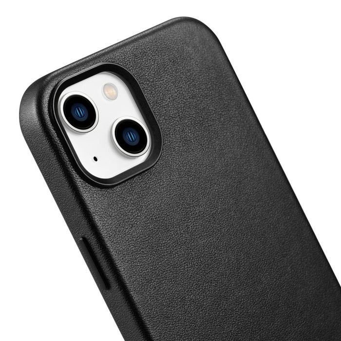 Кейс от естествена кожа iCarer за iPhone 14, черен (WMI14220705-BK) (съвместим с MagSafe)