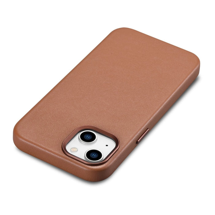 Кейс от естествена кожа iCarer за iPhone 14, кафяв (WMI14220705-BN) (съвместим с MagSafe)