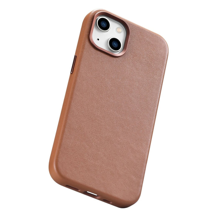 Кейс от естествена кожа iCarer за iPhone 14, кафяв (WMI14220705-BN) (съвместим с MagSafe)