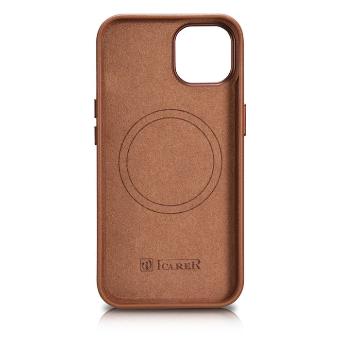 Кейс от естествена кожа iCarer за iPhone 14, кафяв (WMI14220705-BN) (съвместим с MagSafe)