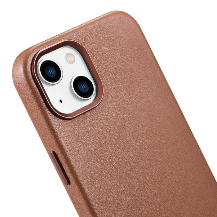Кейс от естествена кожа iCarer за iPhone 14, кафяв (WMI14220705-BN) (съвместим с MagSafe)
